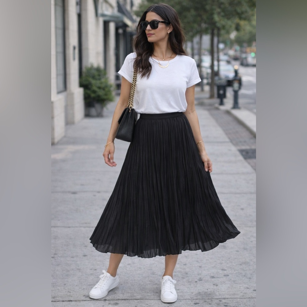 Bella Dahl Black Pleated Midi Skirt Size M